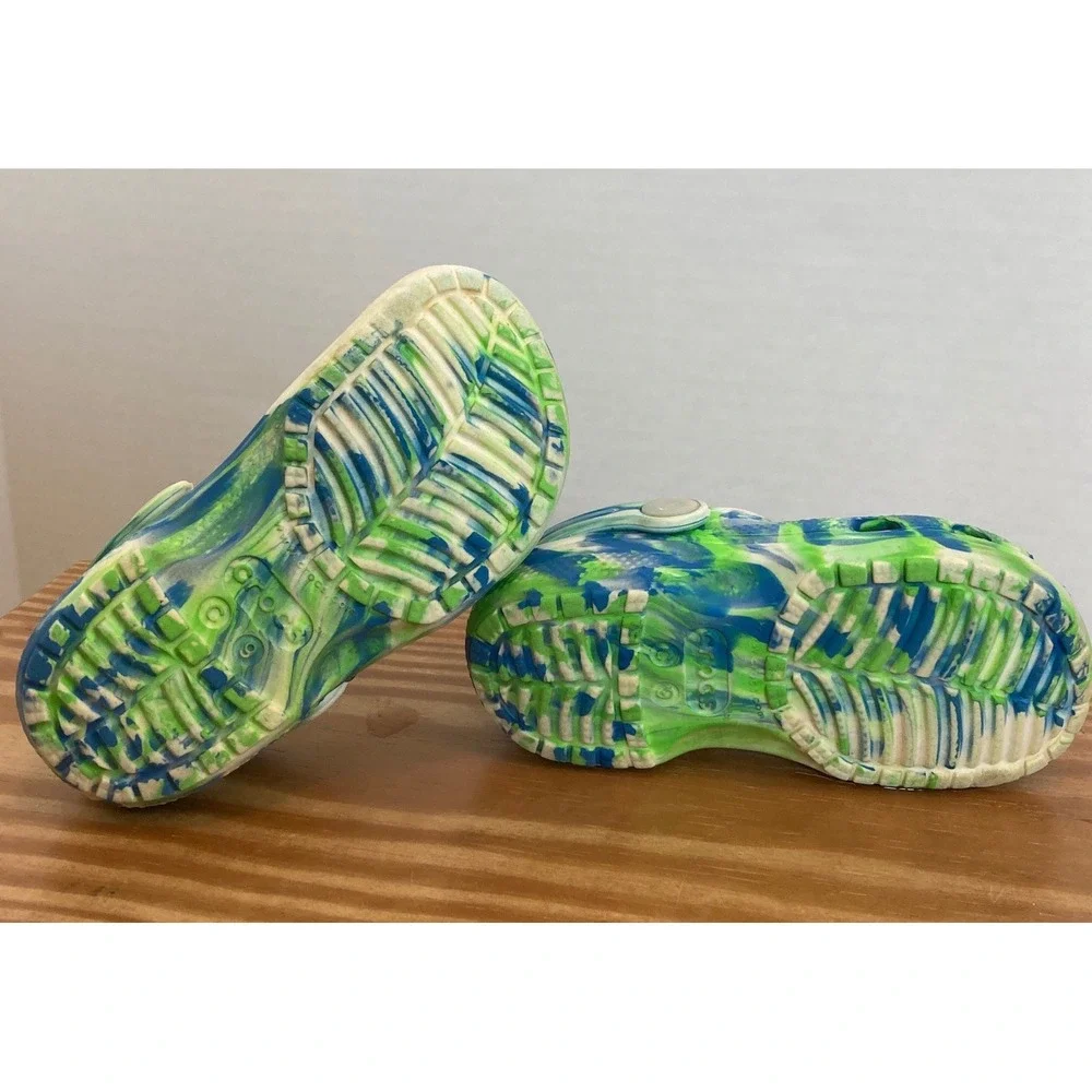 Crocs Kids C9 White Blue Green Marbled Classic Clog Shoes Tie Dye Casual Slip On